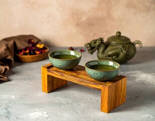 Two teacups on a wooden stand