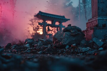 Ruined temple, dramatic dusk
