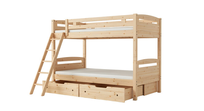 Natural wood bunk bed with ladder and storage drawers for kids bedroom decor