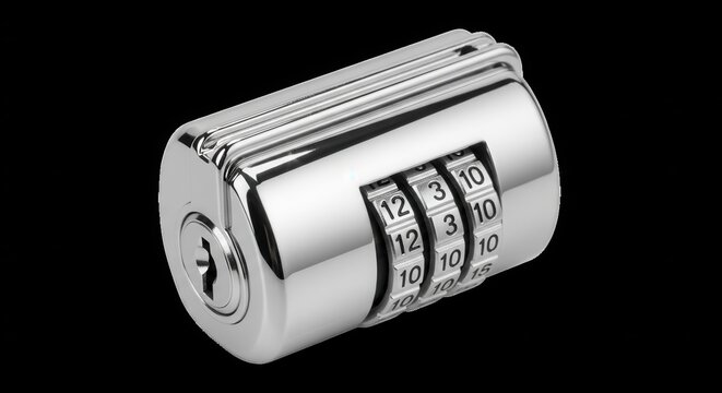 Metallic combination padlock mechanism isolated on a dark background