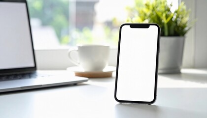 Minimalist home office workspace featuring a blank screen smartphone mockup on a white desk with a laptop and coffee cup