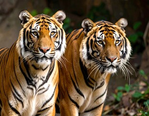 Two tigers face forward