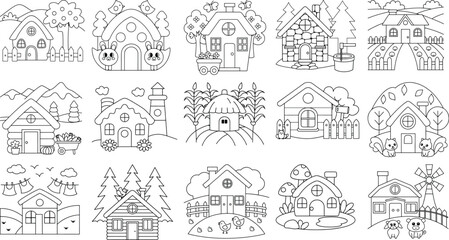 Charming Village Houses and Farm Scenes for Coloring and Rural Themed Designs Keywords: house, village, farm, rural, countryside, nature, illustration, drawing, outline, black and white, coloring