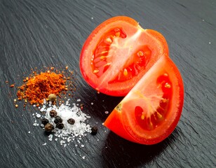 Two tomato halves with spices on dark slate