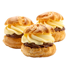 Cream Puffs with Chocolate and Vanilla Cream Filling Isolated on White