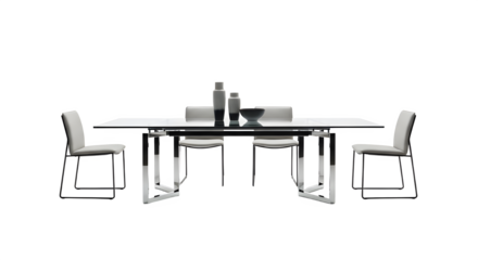 Modern dining room setup featuring a glass table and stylish chairs on black