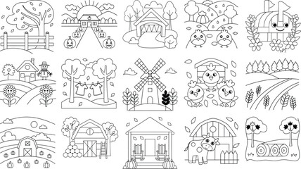 Fototapeta premium Whimsical Autumn Farm and Countryside Coloring Pages for Children Keywords: autumn, fall, farm, countryside, barn, windmill, scarecrow, pumpkin, chick, cow, bridge, tree, leaves, sun, clouds