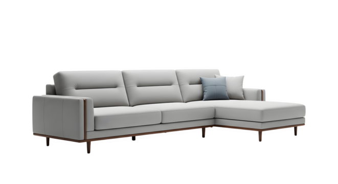 Modern light grey sectional sofa with chaise lounge and blue accent pillow