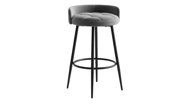 Modern gray bar stool with black metal legs on a black studio background