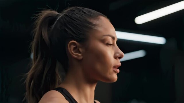 Sweaty, focused woman in athletic wear at a modern gym.