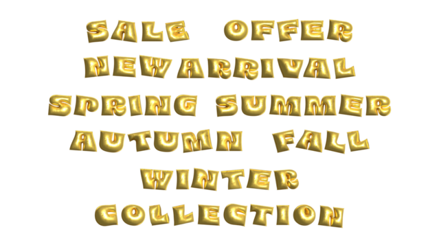 金色の立体風船文字でSALEやOFFER、NEW ARRIVALなどを表現した英単語セット