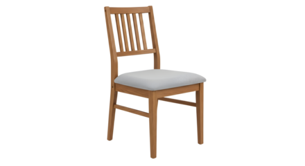 Wooden chair with light gray cushion in studio shot