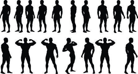 Muscular male silhouette poses, fitness body outline, bodybuilding figure flexing, strong man anatomy reference, athletic stance collection, workout exercise posture, gym training design