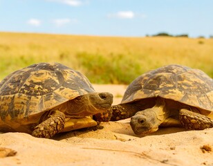 Two tortoises in a golden field