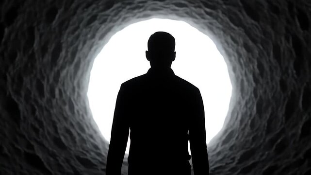 Diminutive human figure stands at the entrance of a bright, radiating light within a vast, cavernous space; the textured walls and dark depths create a dramatic contrast and perspective.