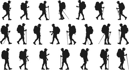 Silhouette hiking walking sequence, backpack traveler trekking poles, outdoor adventure motion cycle, animation frames human movement, hiking man profile view, sports biomechanics illustration design
