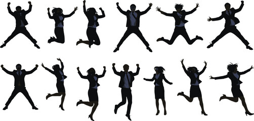 Business people silhouettes jumping celebrating success, teamwork achievement, corporate motivation, office workers joy, professional group energy, career growth, company celebration, 