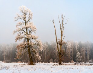 Two trees in a snowy landscape at dawn