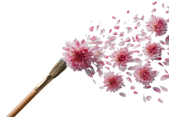 Paintbrush painting with pink flower isolated on transparent background