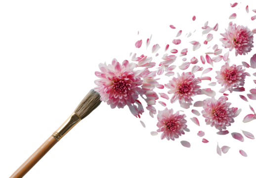 Paintbrush painting with pink flower isolated on transparent background