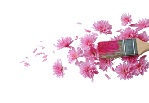 Paintbrush painting with pink flower isolated on transparent background