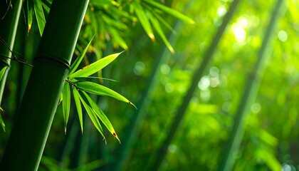 Lush green bamboo grove, sunlight filtering through