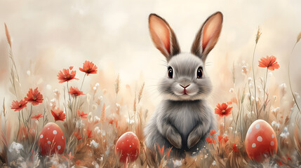 Adorable bunny sits among vibrant poppies and mushrooms in a dreamy spring meadow.