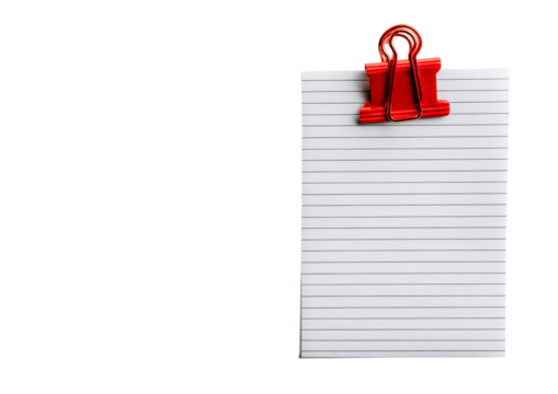 Lined notepad with red binder clip isolated on transparent background, top view