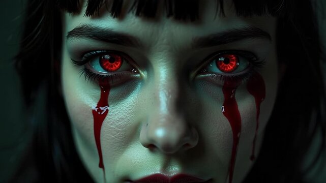 Haunting beauty unfolds as a vampire sheds crimson tears, a close up of raw emotion and gothic allure in stunning 4k video footage
