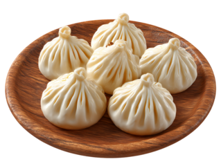 Six steamed buns on a wooden plate isolated on transparent background
