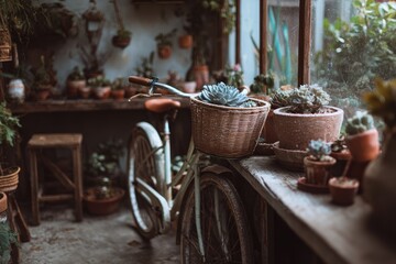 Vintage bicycle in a plant-filled greenhouse