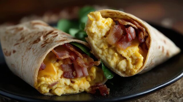 A delicious breakfast wrap showcasing fluffy eggs, crispy bacon, and fresh ingredients, epitomizing a heartwarming breakfast choice packed with flavor and nutrients.