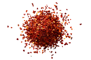Pile of crushed red pepper isolated on transparent background, top view
