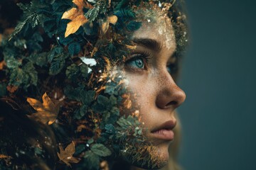 Close-up profile of a woman with leaves and plants overlayed on her face