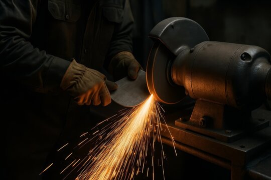 Hands in gloves expertly sharpen metal, creating a brilliant shower of sparks. This industrial process reflects skill and craftsmanship.