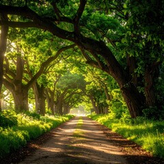 Leafy trees line a dirt path