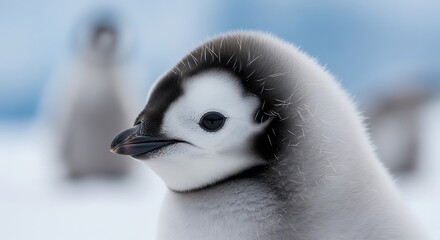 Close-up of adorable fluffy baby Emperor penguin chick in Antarctica's icy landscape