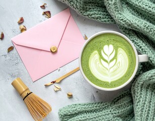 Matcha latte with letter & scarf