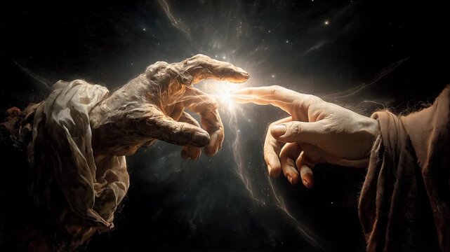 Close-up of Jesus Christ hand reaching out touching fingertip of a poor beggar, symbolic gesture of compassion and blessing