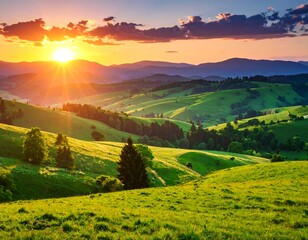 Obraz premium Lush green hills at sunset