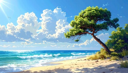 Sunny beach with tree and puffy clouds