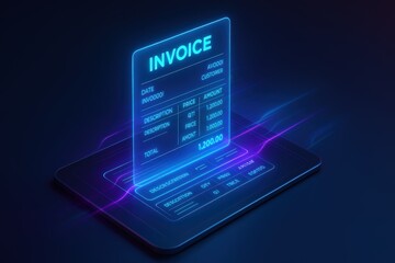 Digital Invoice Display: A futuristic digital invoice floats above a sleek device, highlighting the modern concept of financial transactions in a technologically advanced world.