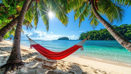 Hammock on tropical beach, sunny day