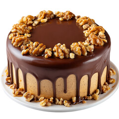 Chocolate and caramel cake toped peanuts, walnuts, isolated on transparent background