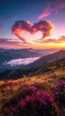 Scenic mountain sunset with heart cloud
