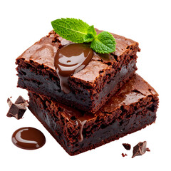 Fudgy Chocolate Brownie Squares with Melted Chocolate Sauce and Mint isolated on white or transparent png	