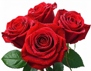 Four red roses, water droplets