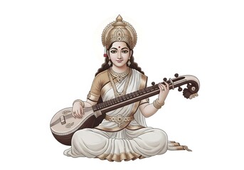 Hindu goddess Saraswati playing a veena, depicted in traditional attire, symbolizing knowledge, music, and arts.