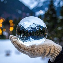 Crystal ball reflects snowy landscape