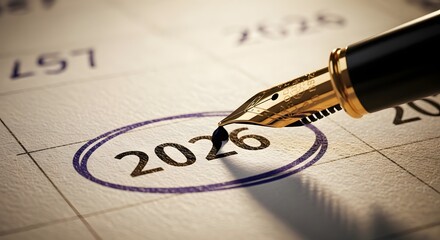 A fountain pen circling the year 2026 on a calendar, symbolizing future planning, important dates, and upcoming events.
